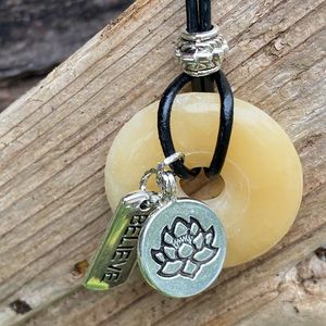 Yellow Calcite Necklace with lotus flower charm and believe charm